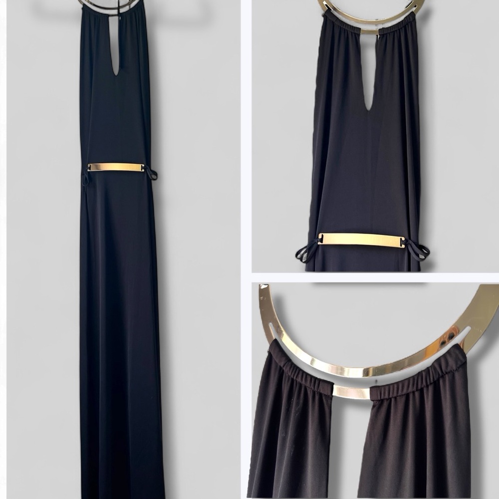 Black Halter Maxi Dress Gold Metal Collar Waist Detail Women's Sleeveless